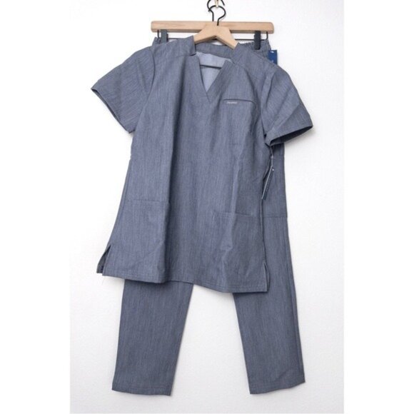 [SET] NWT Jaanuu 3-Pocket Scrub Top S Heathered Grey Slim 8 Pocket Cargo Pant XS - Picture 3 of 14